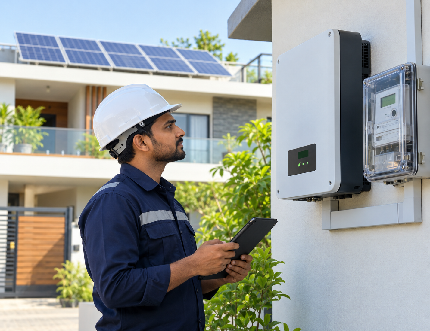 Technician inspecting a solar inverter and electricity meter