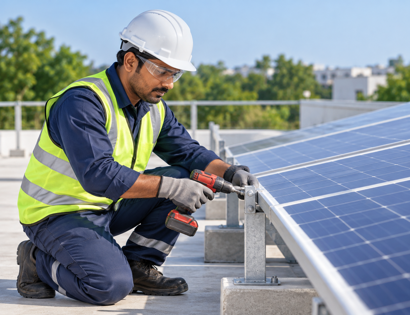 Technician installing rooftop solar panels